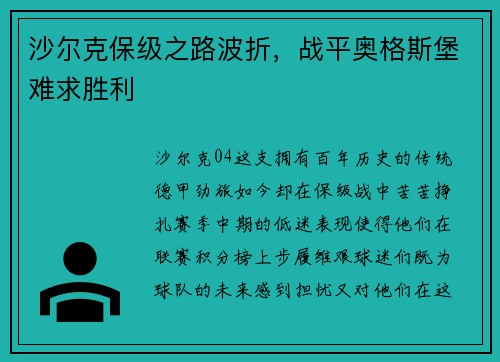 沙尔克保级之路波折，战平奥格斯堡难求胜利