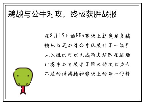 鹈鹕与公牛对攻，终极获胜战报
