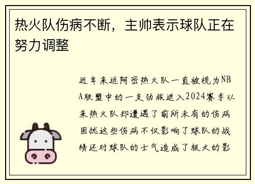热火队伤病不断，主帅表示球队正在努力调整