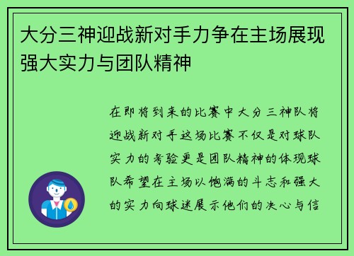 大分三神迎战新对手力争在主场展现强大实力与团队精神